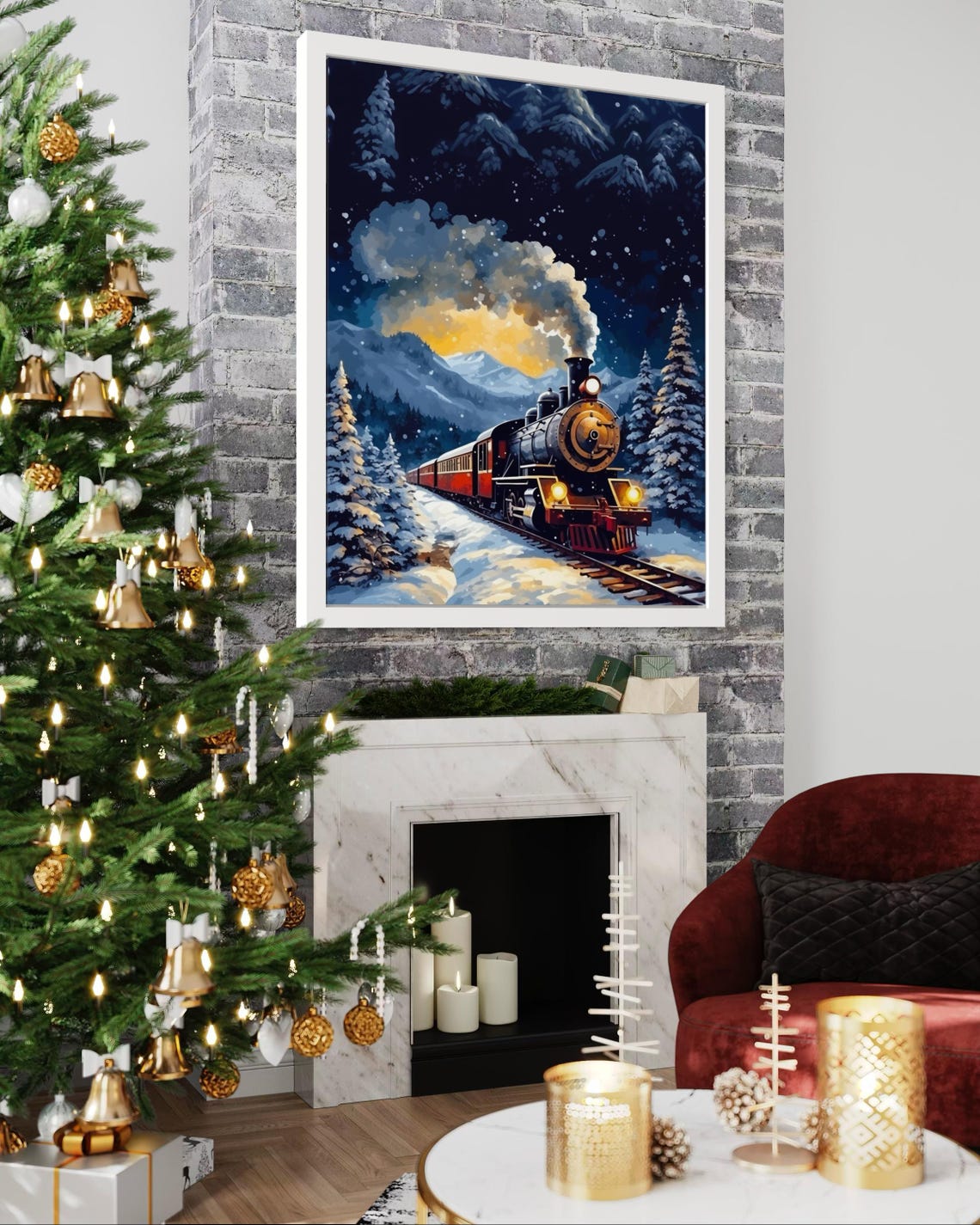 Vintage Christmas Train Snowy Mountain Night Winter Scene Poster - Image 6