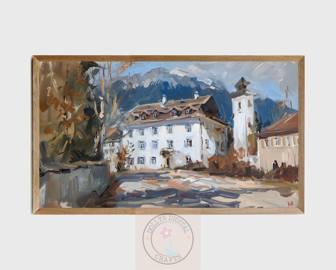 White Alpine Town Building Snowy Mountain Street Painting Poster