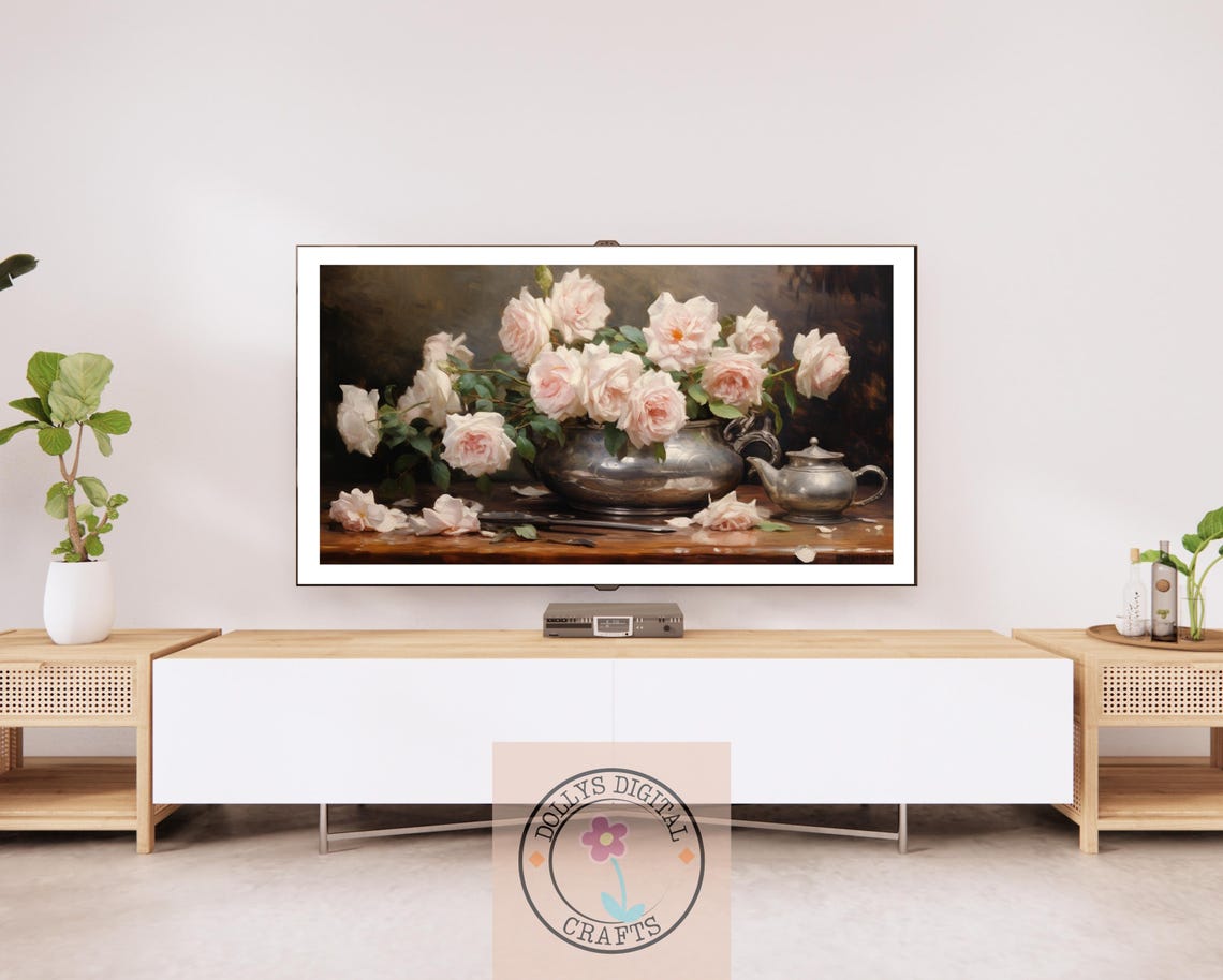 Pink Roses Silver Vase Still Life Oil Painting Floral Poster - Image 2