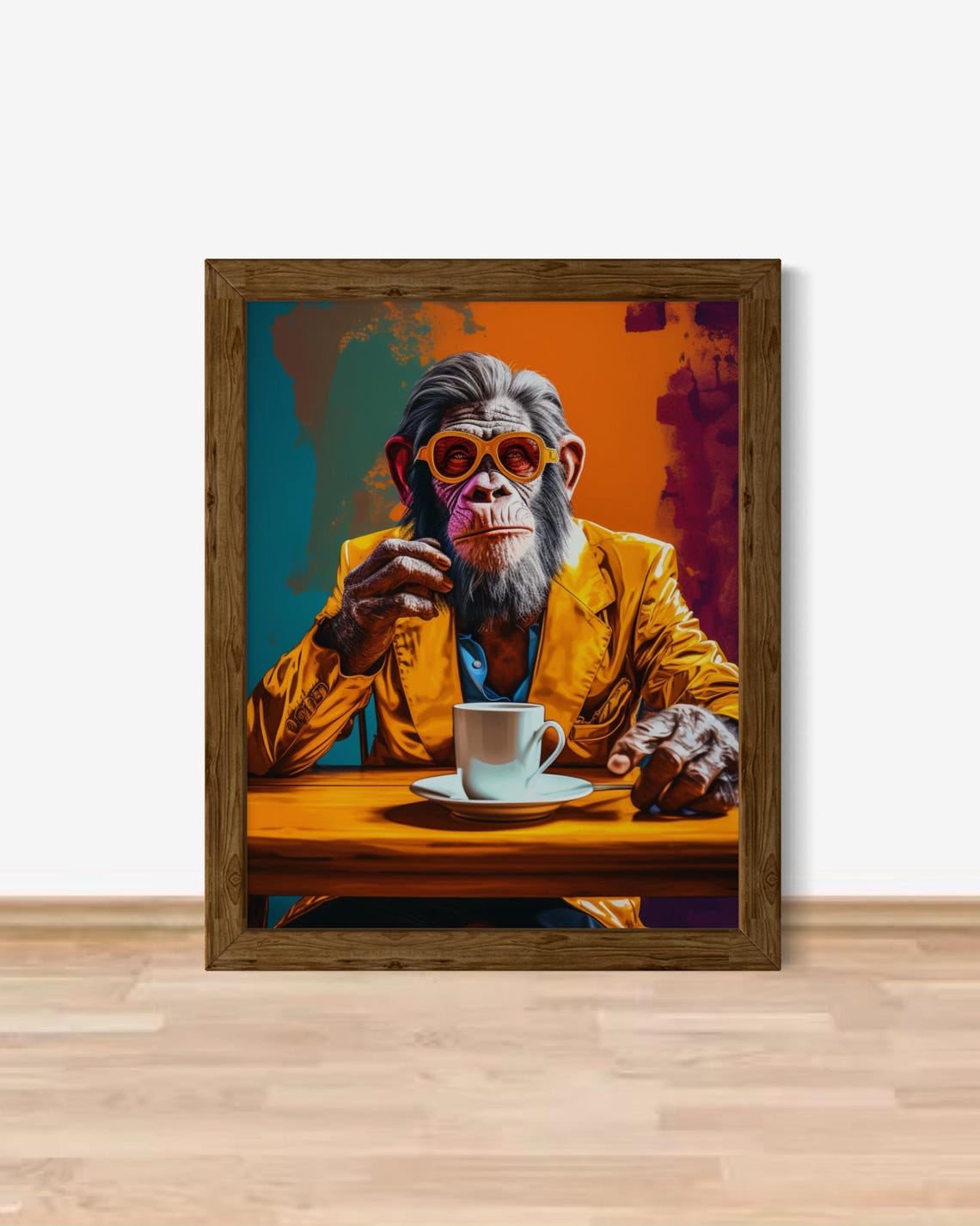 Chimpanzee In Orange Suit And Sunglasses Drinking Coffee Poster - Image 7