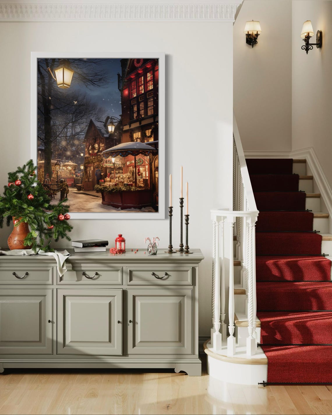 Victorian Christmas Market Snowy Street Night Festive Wall Art