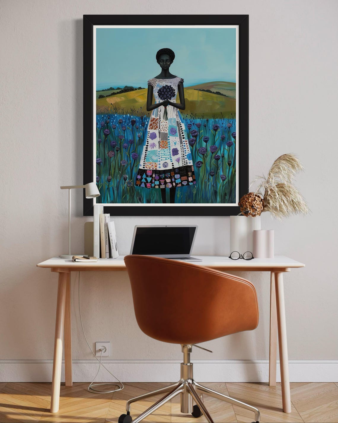 African Woman in Blue Flower Field Vibrant Nature Portrait Poster - Image 2