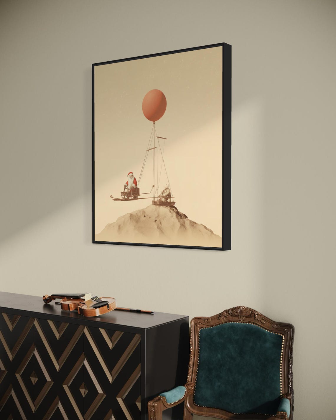 Santa Claus Hot Air Balloon Sleigh Whimsical Vintage Christmas Poster - Image 6