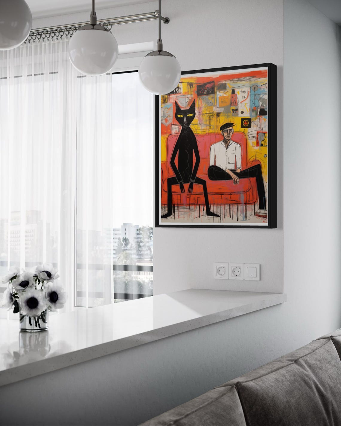 Man And Black Cat On Red Sofa Graffiti Abstract Urban Art Poster - Image 2