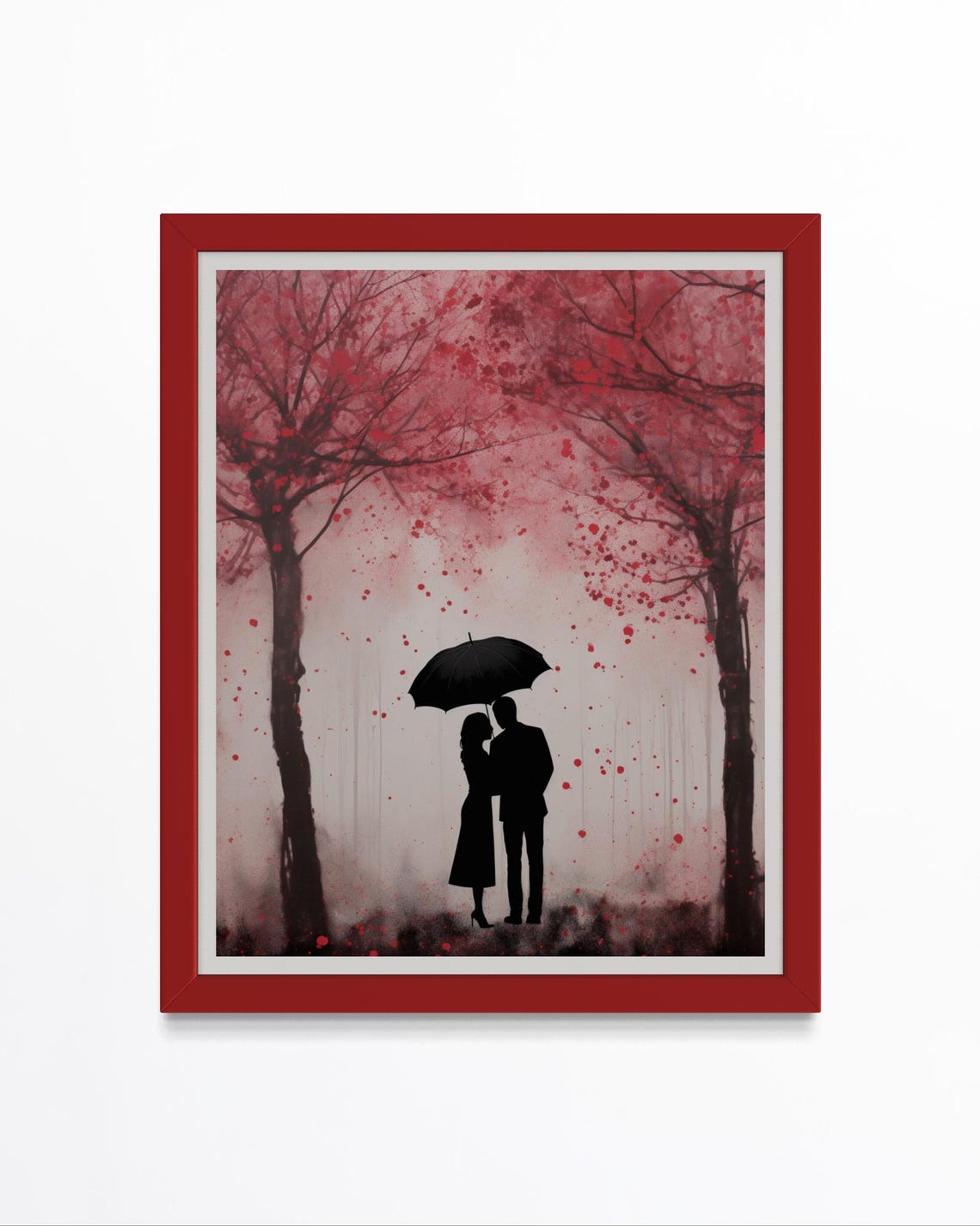 Couple Under Black Umbrella With Falling Red Petals Love Poster