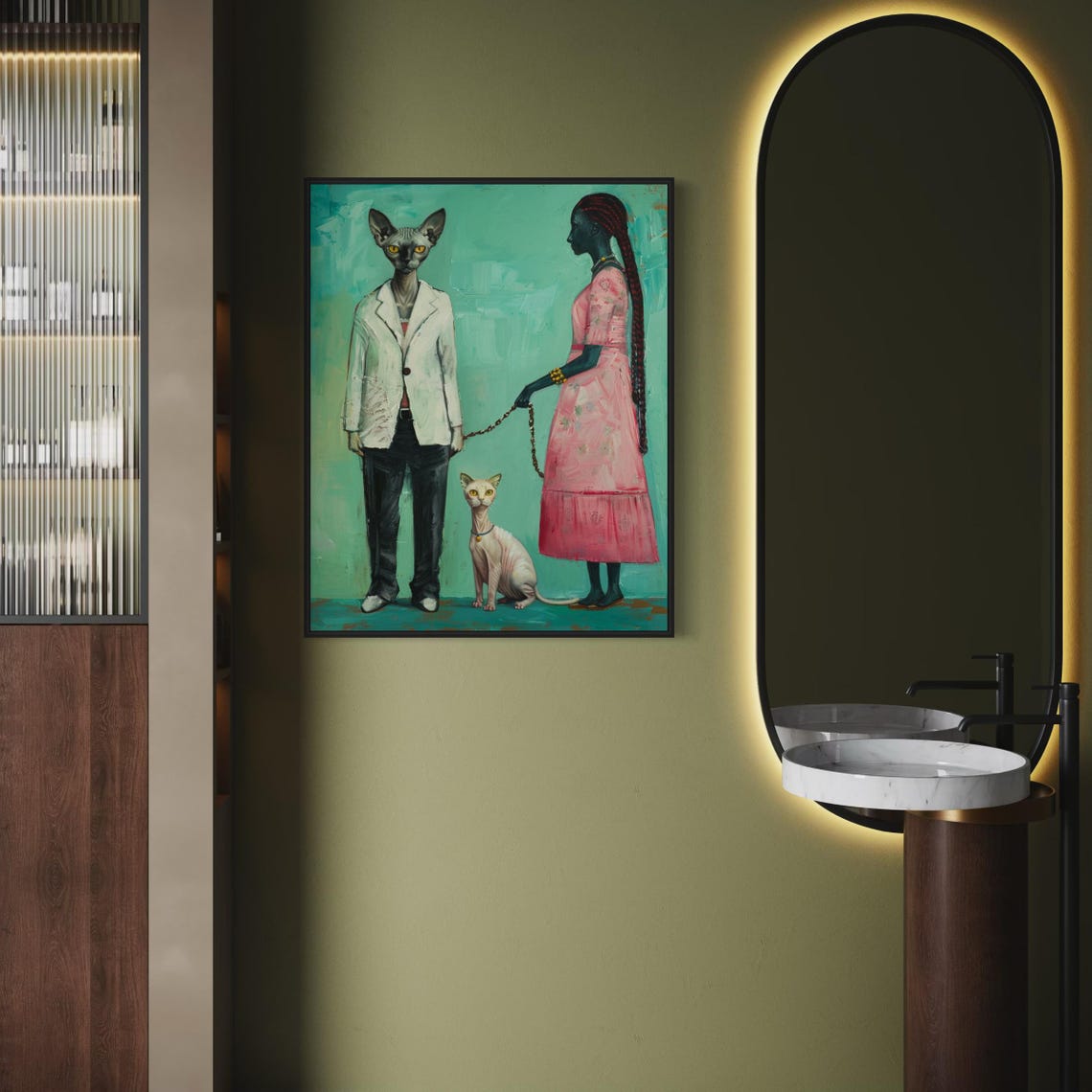 Surreal Sphynx Cat Couple Portrait With Pink Dress Woman Art Poster