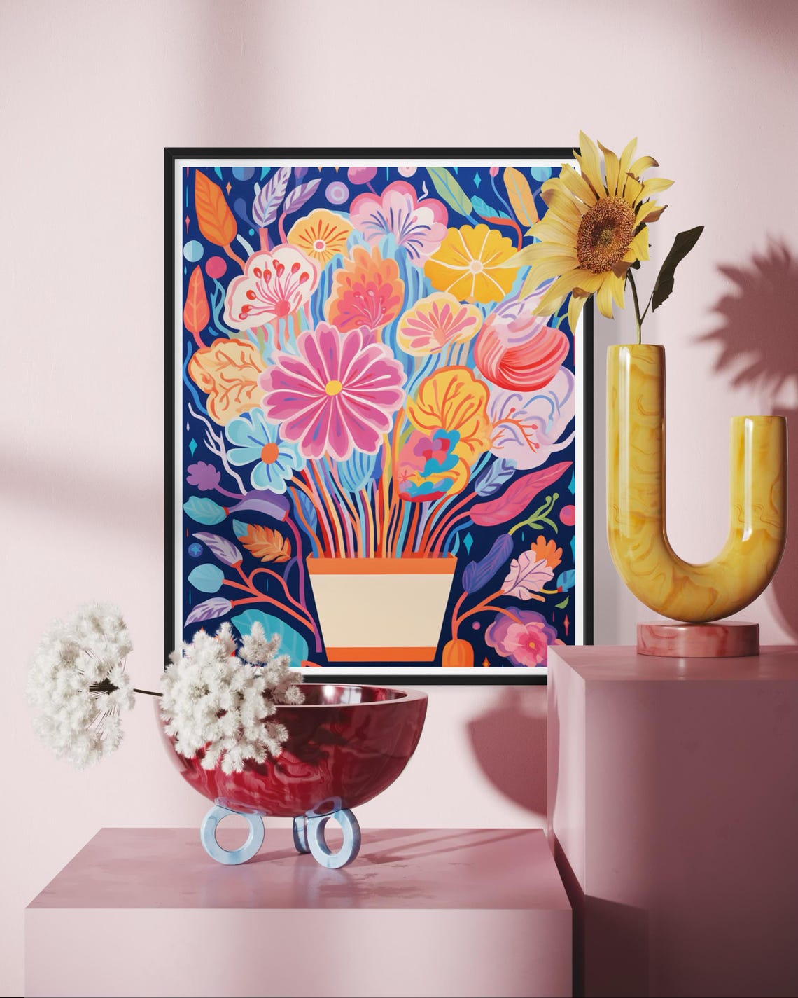 Colorful Flower Bouquet In Pot On Navy Blue Botanical Art Print - Image 7