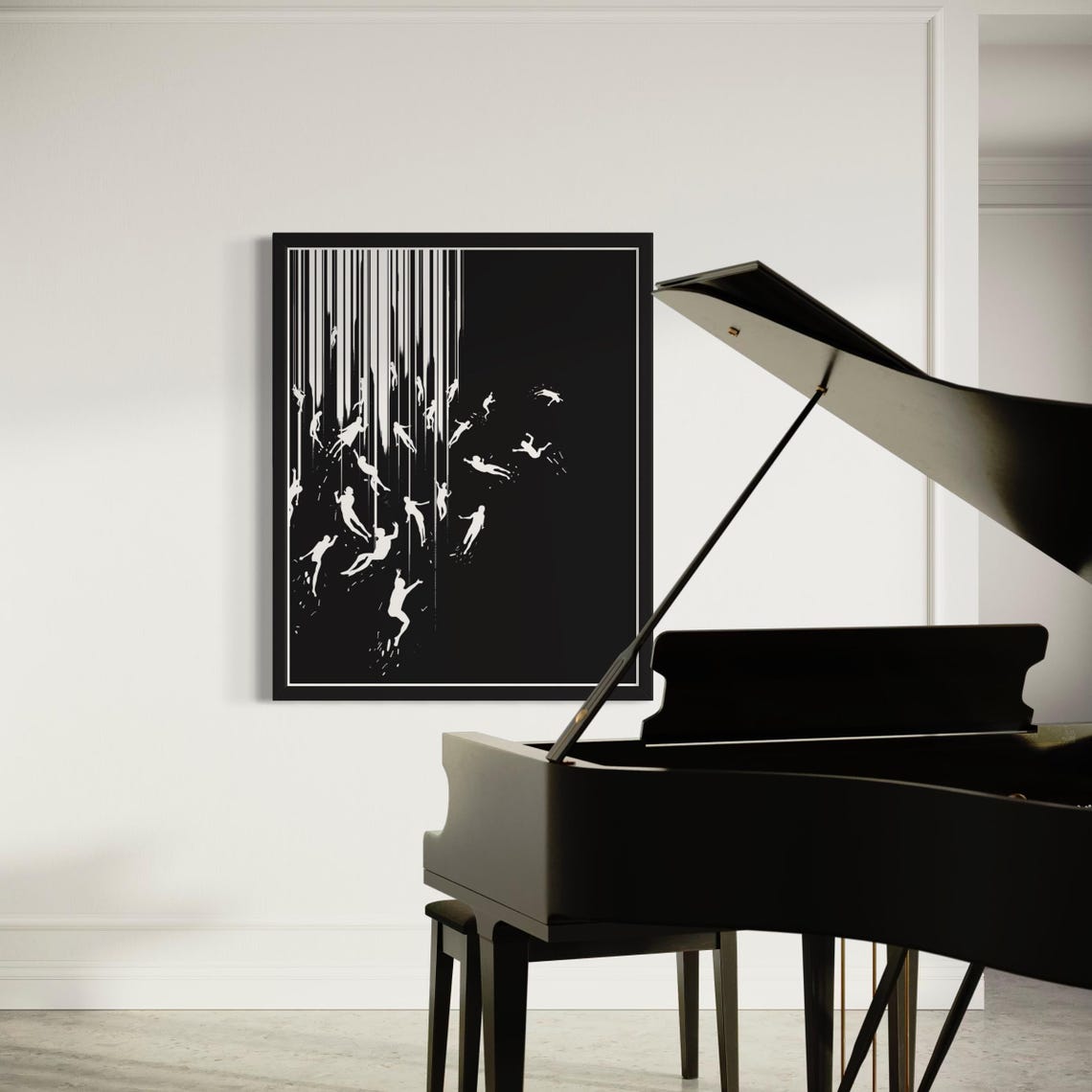 Falling Human Silhouettes Black and White Monochrome Modern Poster - Image 4