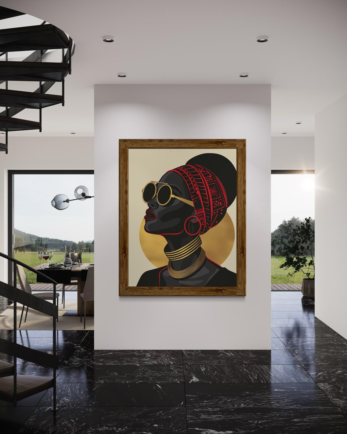 African Woman Red Headwrap Gold Sunglasses Bold Modern Portrait Poster - Image 3