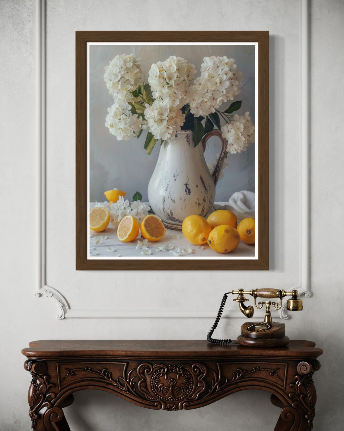 White Hydrangea Jug Sliced Lemons Rustic Kitchen Floral Poster - Image 2