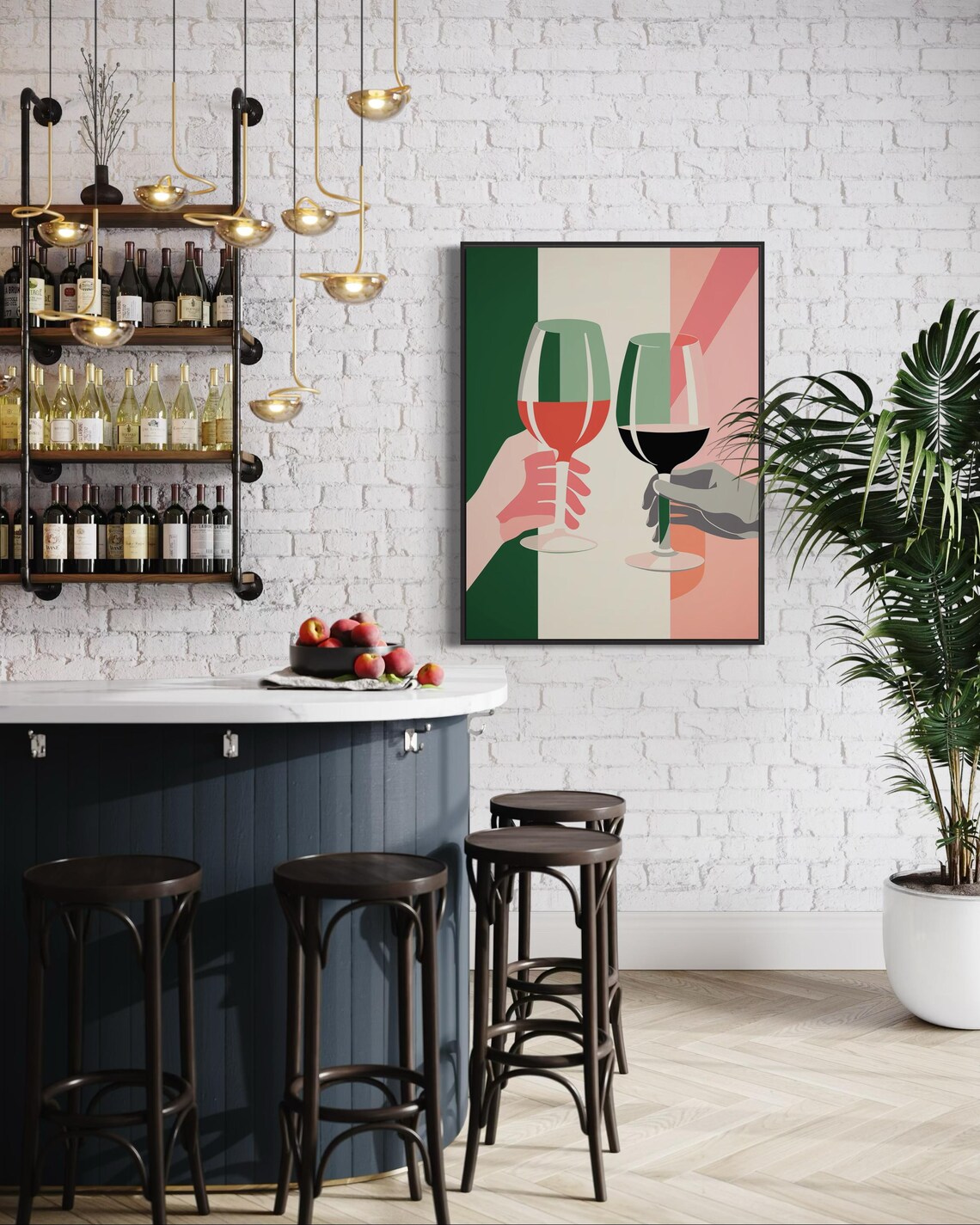 Modern Retro Wine Glass Toast Hands Green Pink Striped Wall Art - Image 2