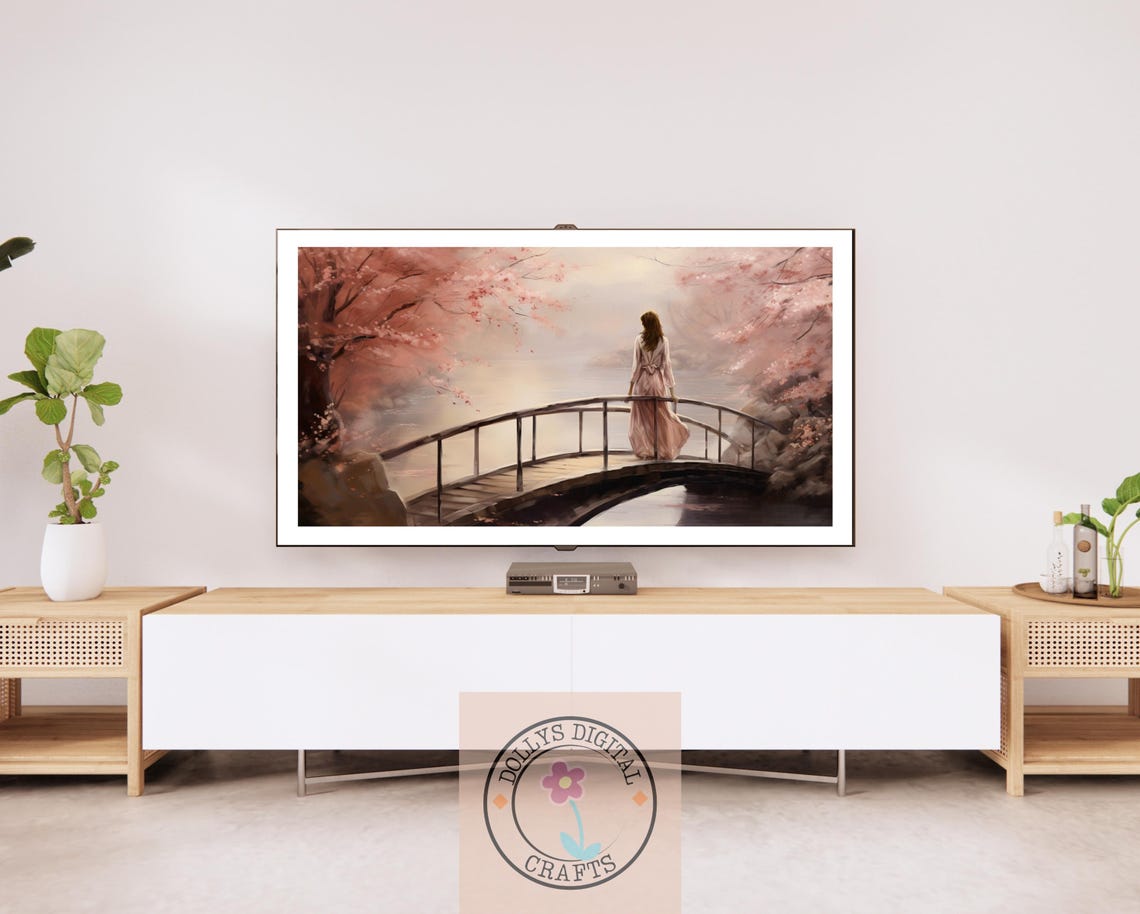 Woman Bridge Cherry Blossom Misty Lake Dreamy Calm Poster Home Decor - Image 2