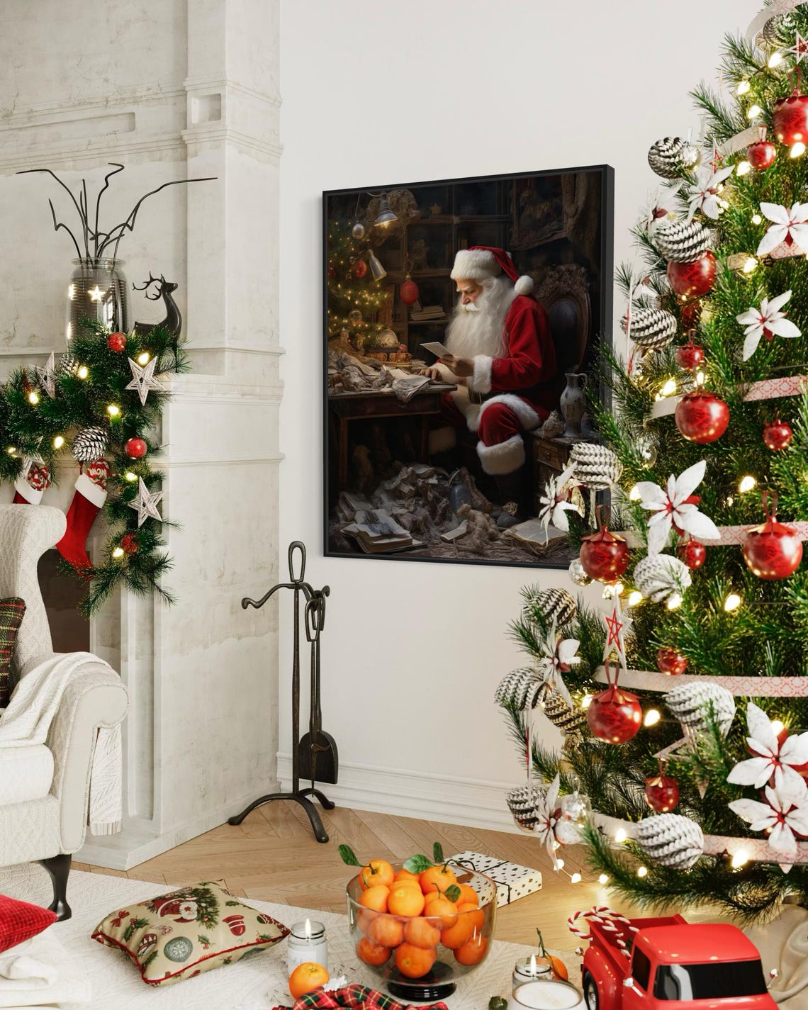 Vintage Santa Claus Reading Letters Cozy Christmas Workshop Art Print - Image 7