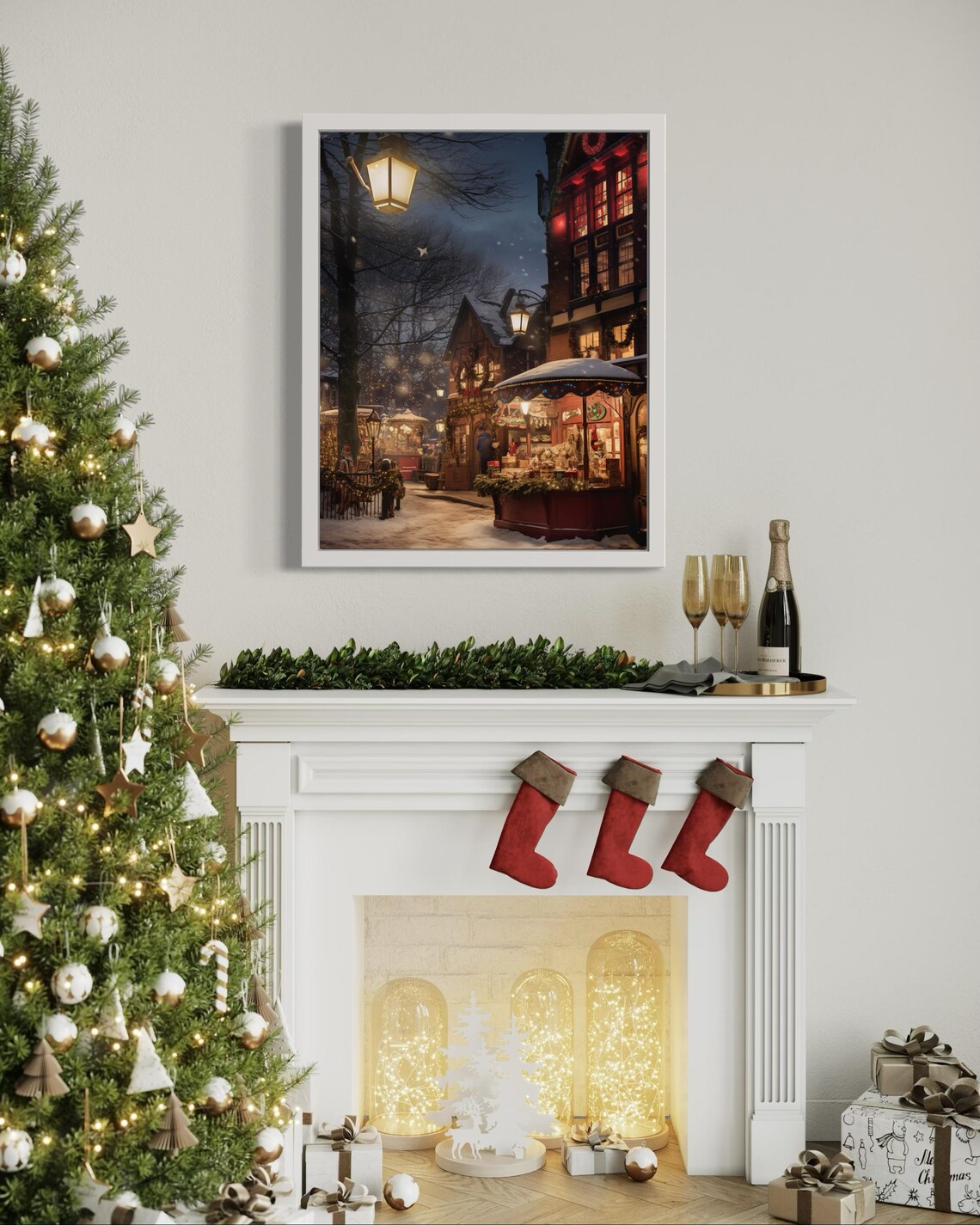 Victorian Christmas Market Snowy Street Night Festive Wall Art - Image 5