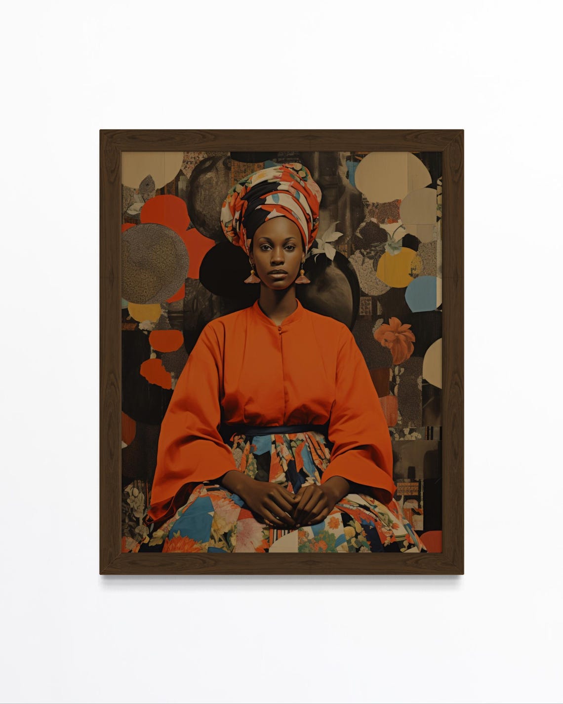 African Woman Orange Tunic Floral Skirt Elegant Portrait Poster