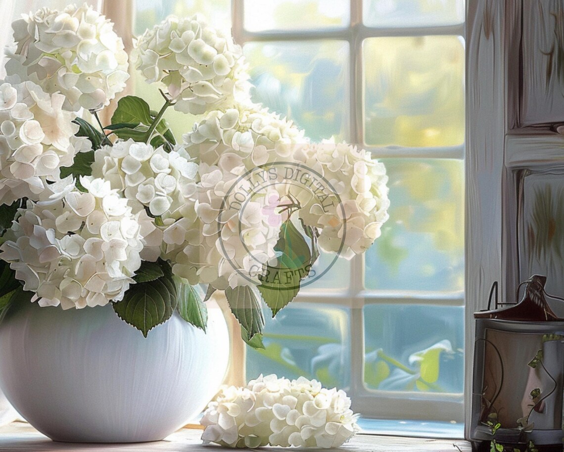 White Hydrangeas, Elegant Floral Artwork - Image 4