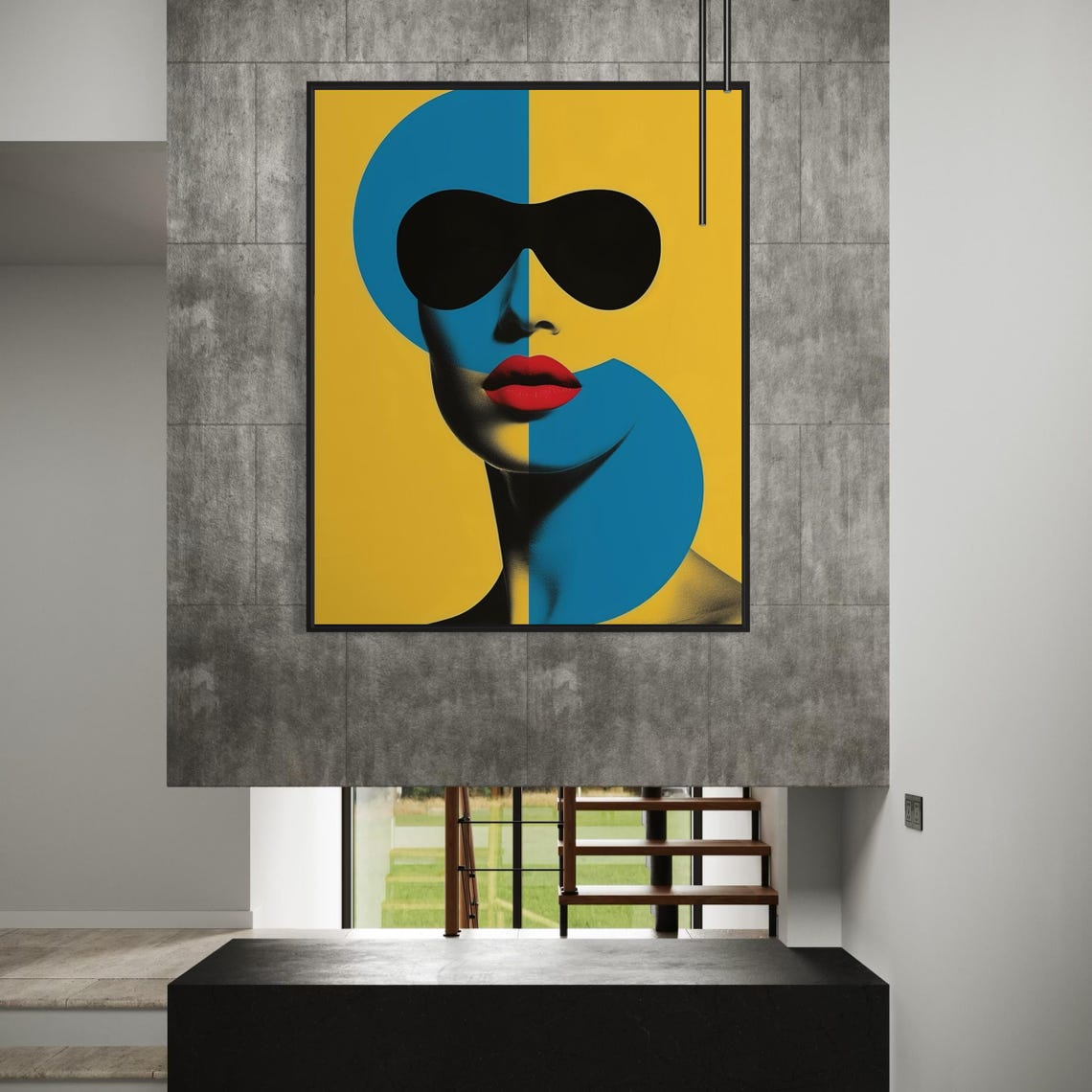 Pop Art Woman Face With Yellow Blue Split and Red Lips Art Poster - Image 2