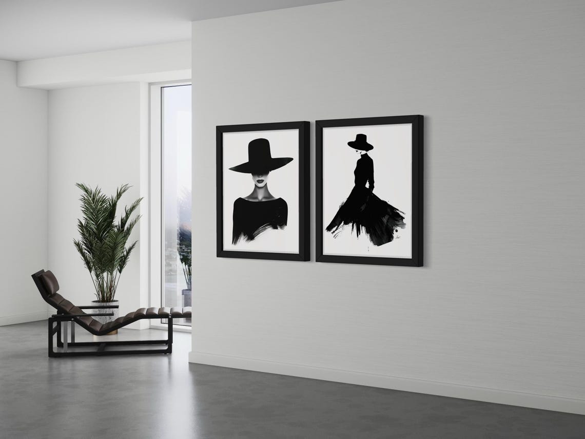 Two Piece Black And White Woman With Hat Portrait Art Print Set - Image 2
