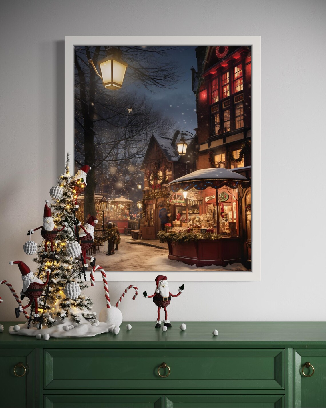 Victorian Christmas Market Snowy Street Night Festive Wall Art - Image 3