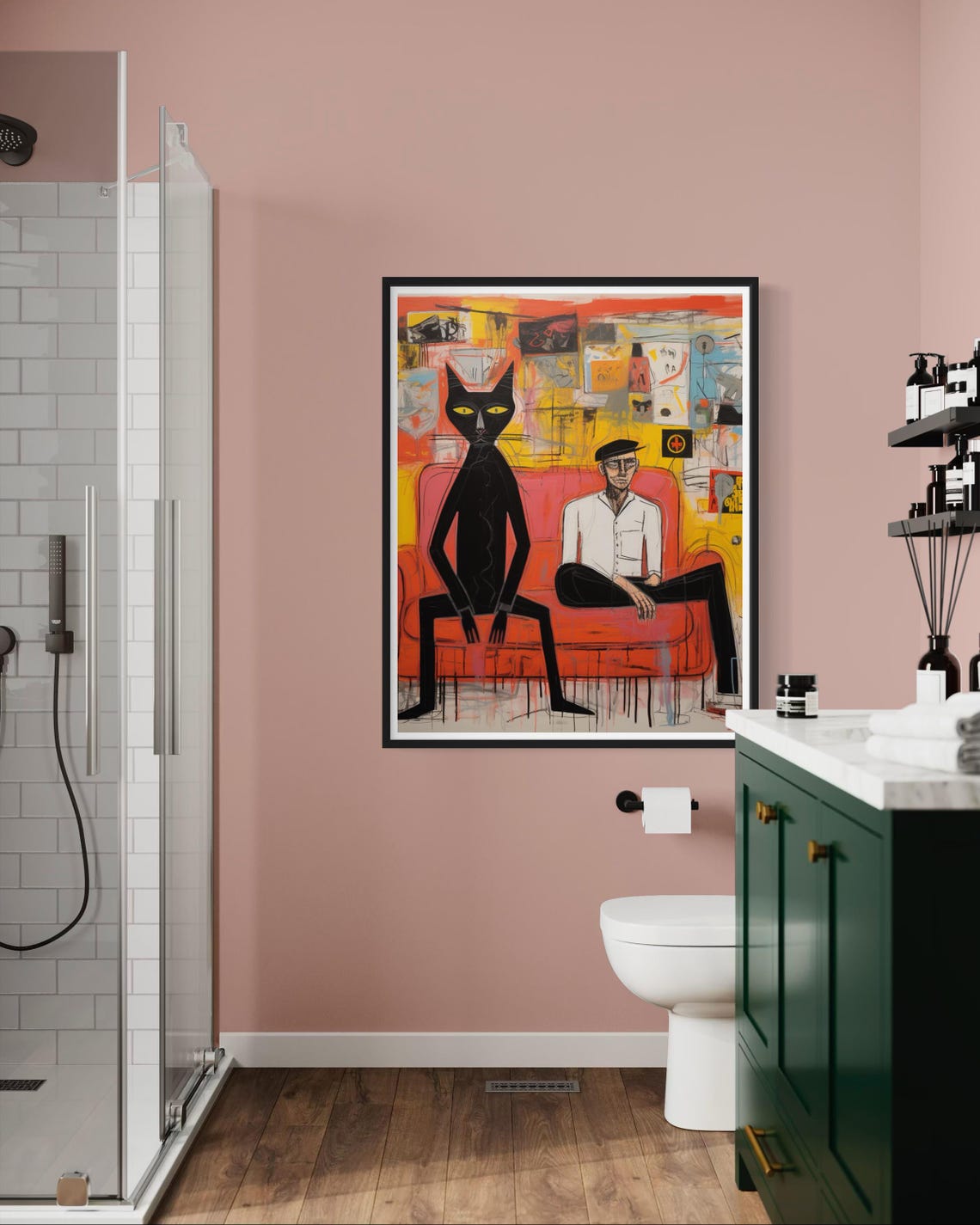Man And Black Cat On Red Sofa Graffiti Abstract Urban Art Poster - Image 4