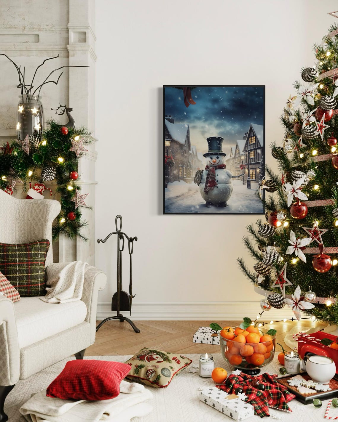 Cute Snowman Top Hat Scarf Snowy Village Street Christmas Art Print - Image 7