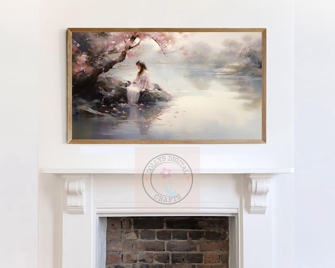 Woman Misty Lake Cherry Blossom Rocks Serene Calm Art Poster - Image 7