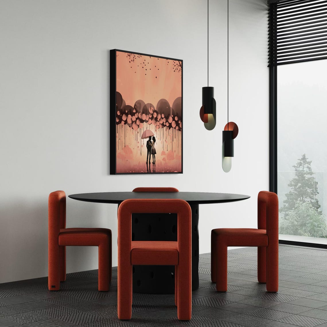 Couple Pink Umbrella Rain Silhouette Soft Romance Art Poster - Image 2