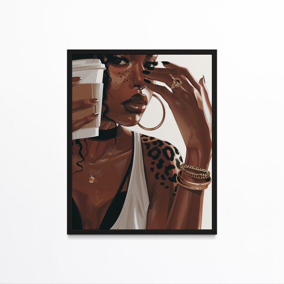 Black Woman Holding Coffee Cup Leopard Spots Glamour Art Poster