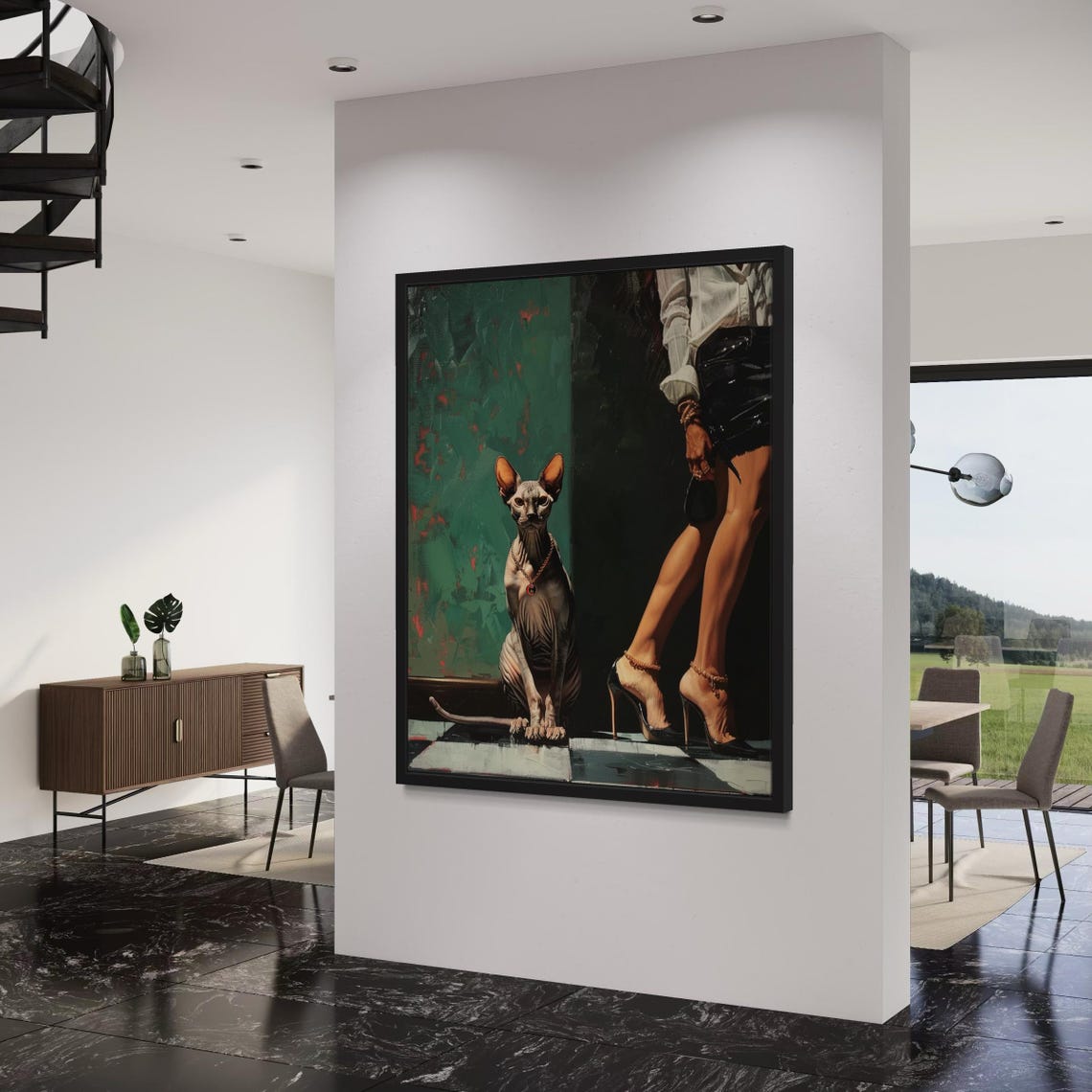 Sphynx Cat With Gold Necklace Beside Woman in Heels Art Poster - Image 2