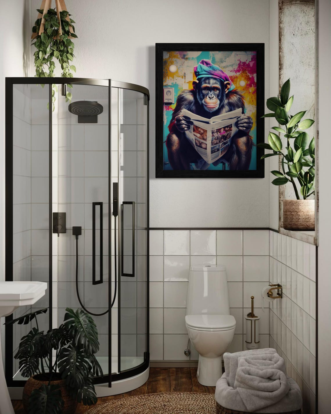 Chimpanzee Reading Newspaper On Toilet Funny Bathroom Art Poster - Image 5