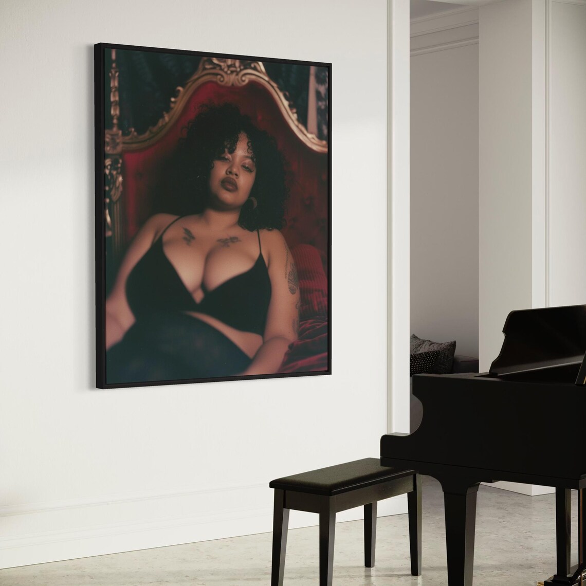Boudoir Portrait Curvy Woman Black Lingerie Red Bed Art Poster - Image 3