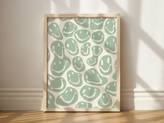 Funky Sage Green Melting Smiley Faces Groovy Retro Pattern Poster