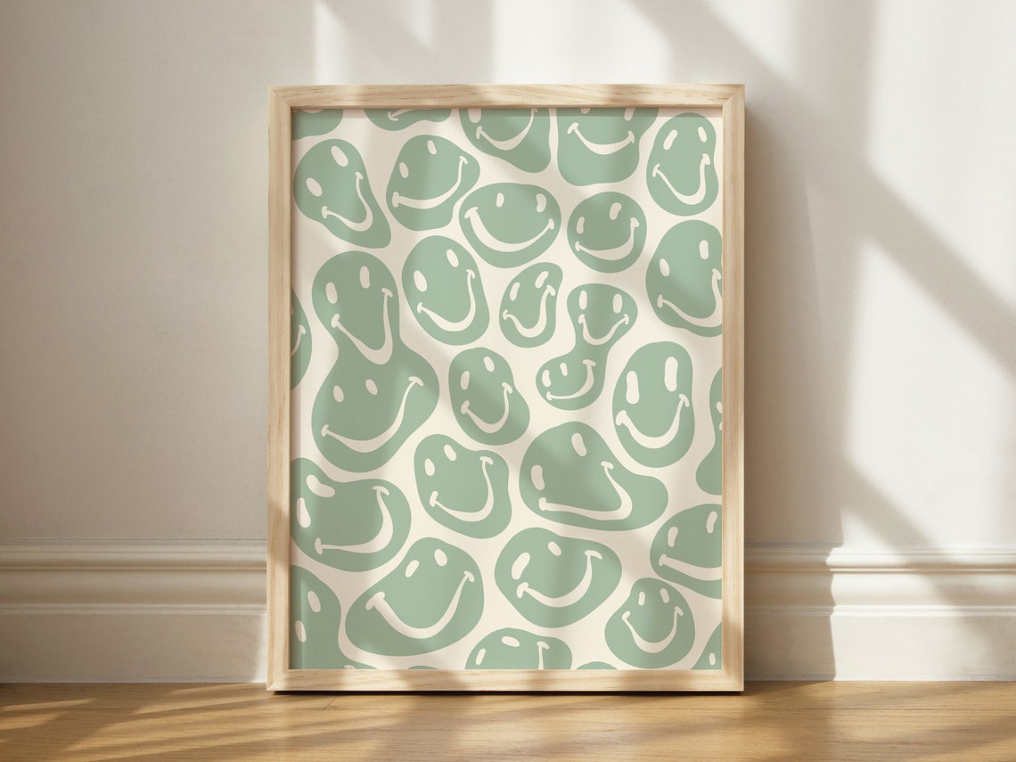 Funky Sage Green Melting Smiley Faces Groovy Retro Pattern Poster