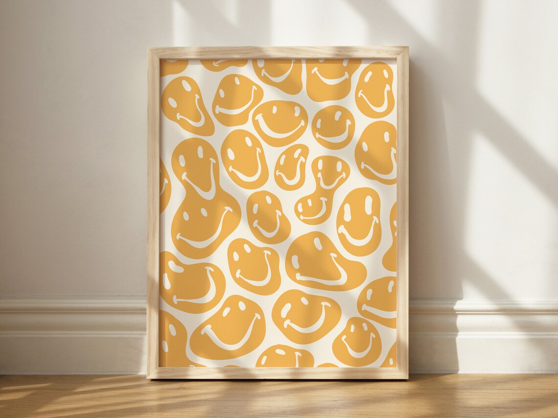 Retro Melted Smiley Face Art Print, Groovy Dorm Decor