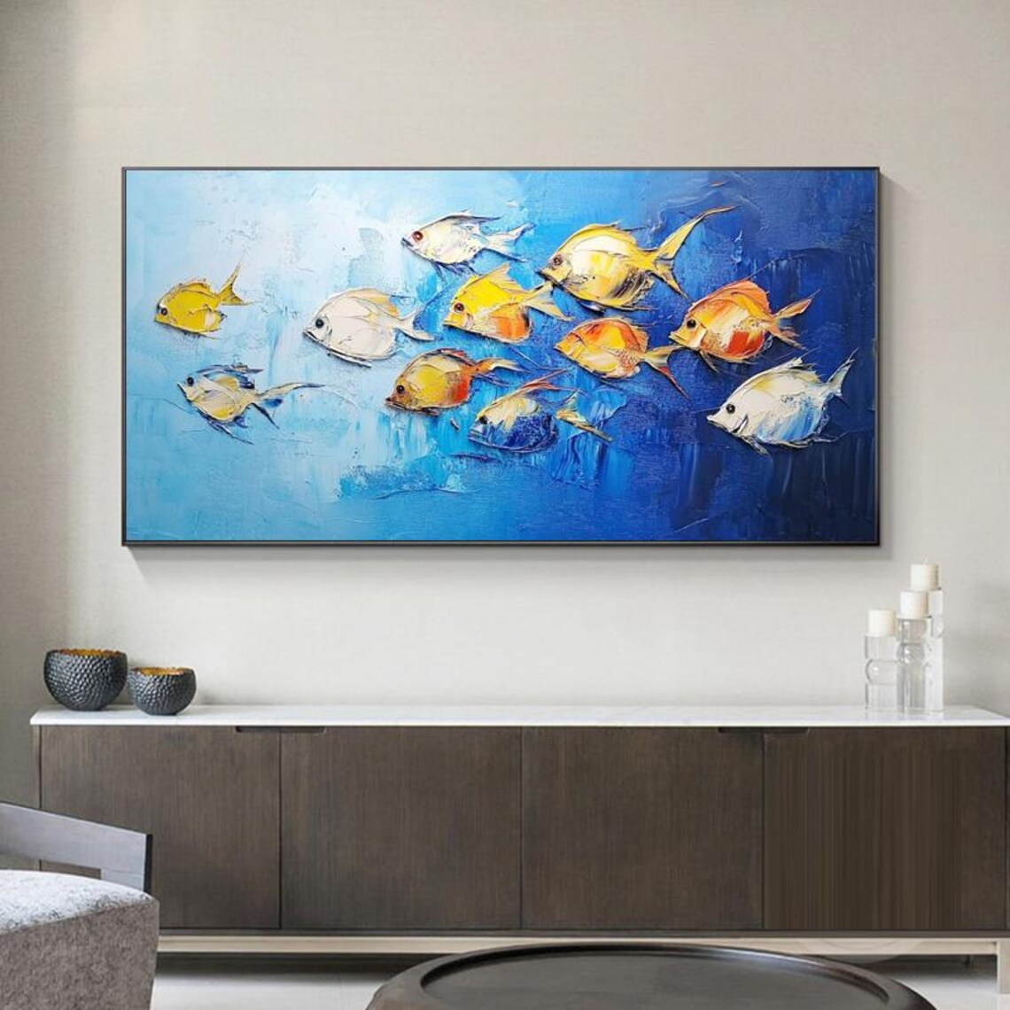 Lively School of Yellow and White Fish in Blue Ocean Art Poster - Image 5