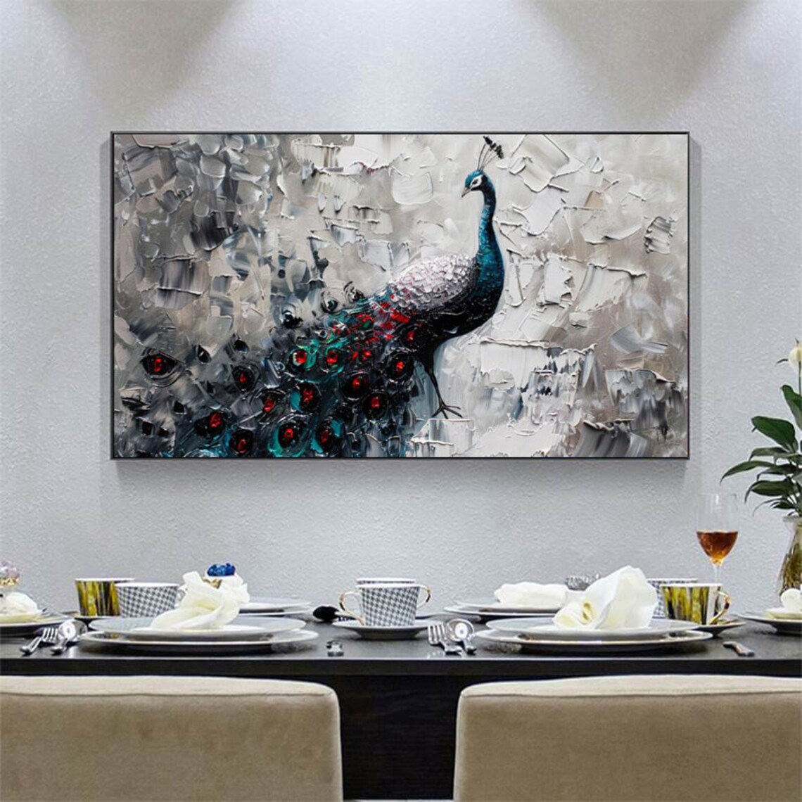 Peacock Oil Painting, Grey Background Art Print - Image 3