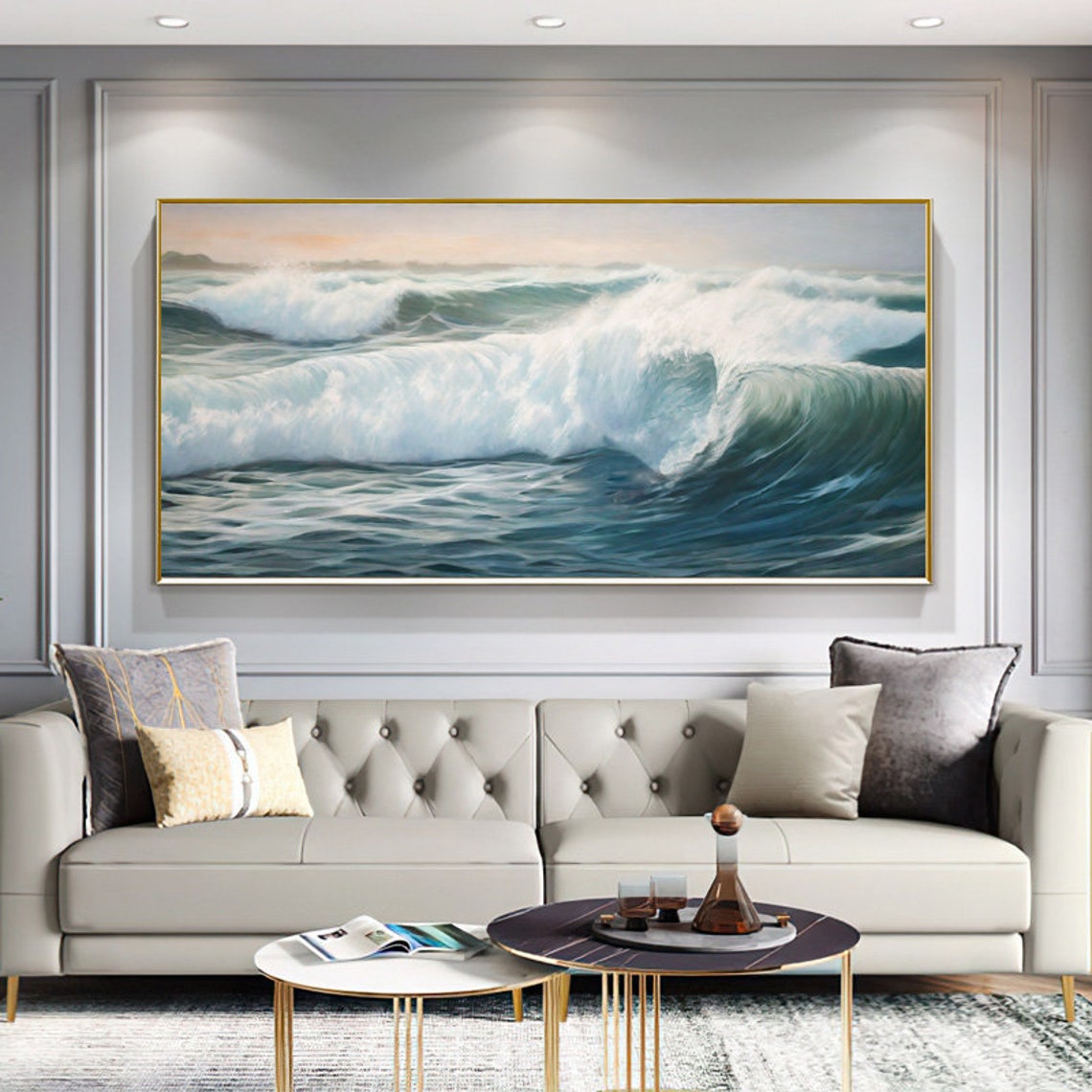 Morning Light Over Teal Ocean Waves Wide Surf Panoramic Art Poster - Image 2