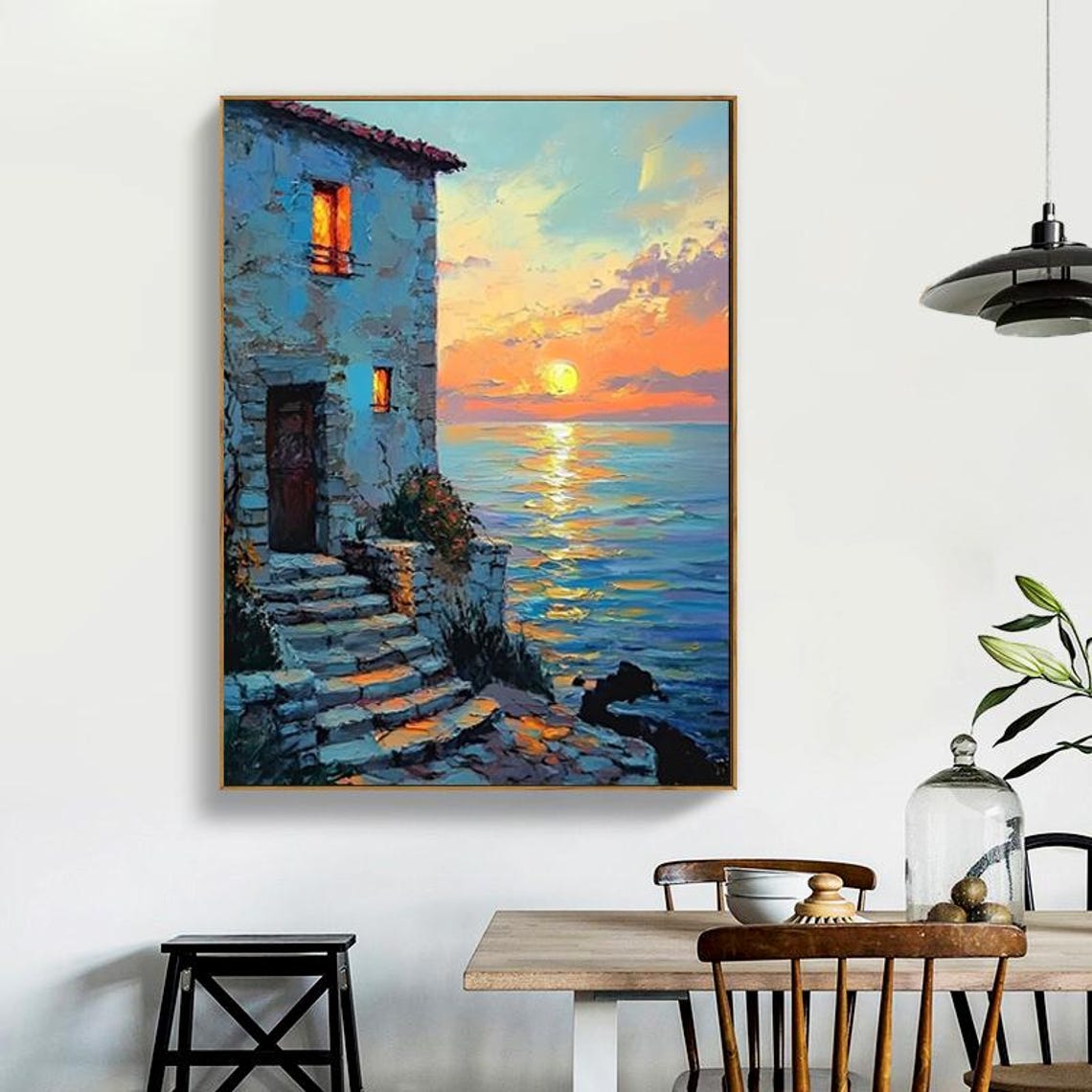 Mediterranean Stone Cottage Overlooking Sunset Seascape Poster - Image 4