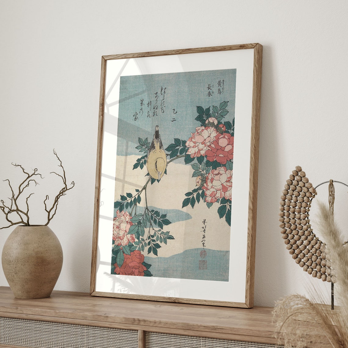 Vintage Warbler and Roses Japanese Ukiyo-e Woodblock Bird Poster - Image 4