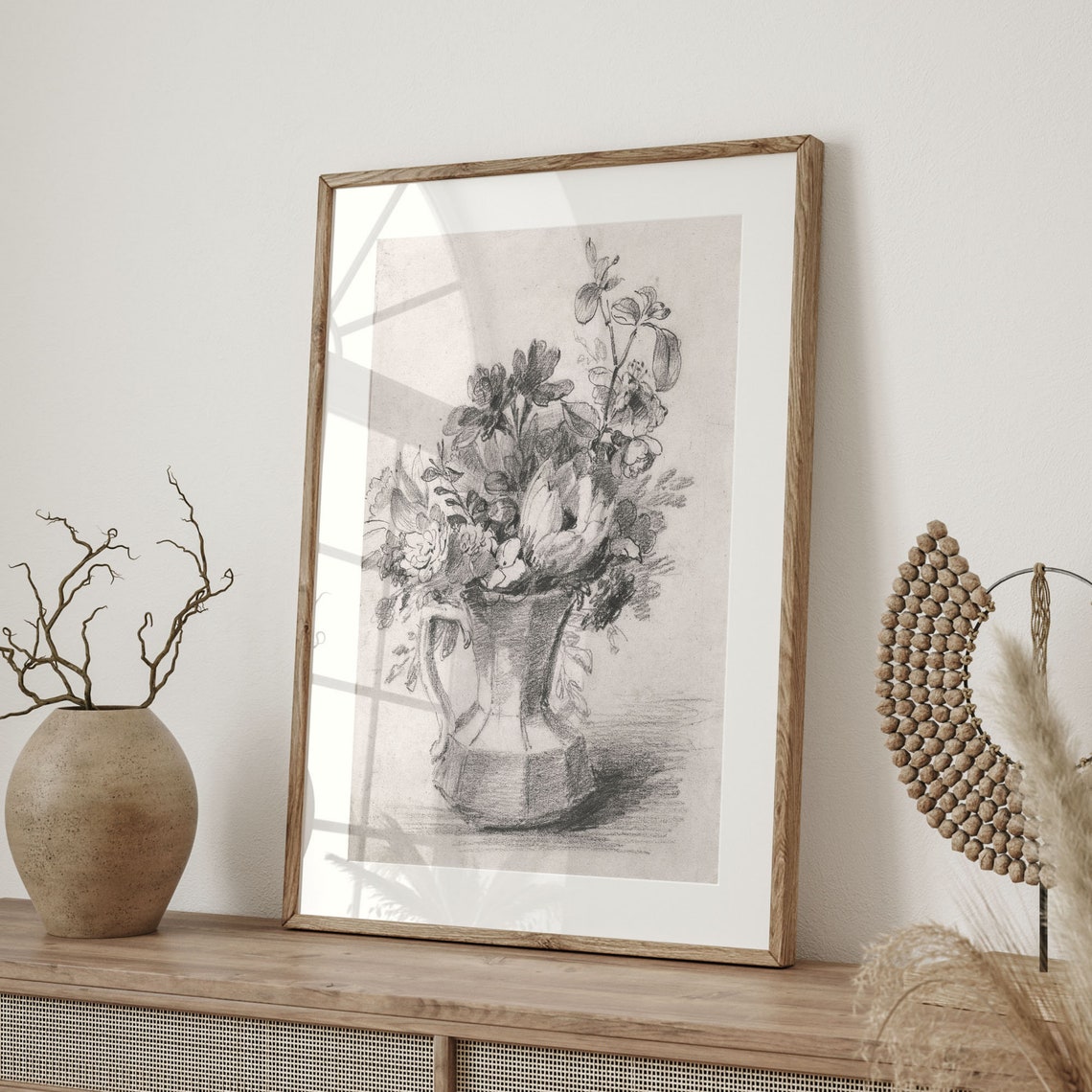 Flowers in Pitcher Pencil Sketch Vintage Botanical Drawing Poster - Image 4