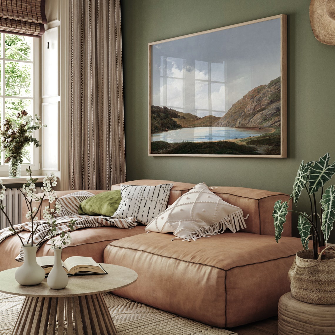 Blue Lake Green Hills Rustic Vintage Nature Landscape Painting Poster - Image 2