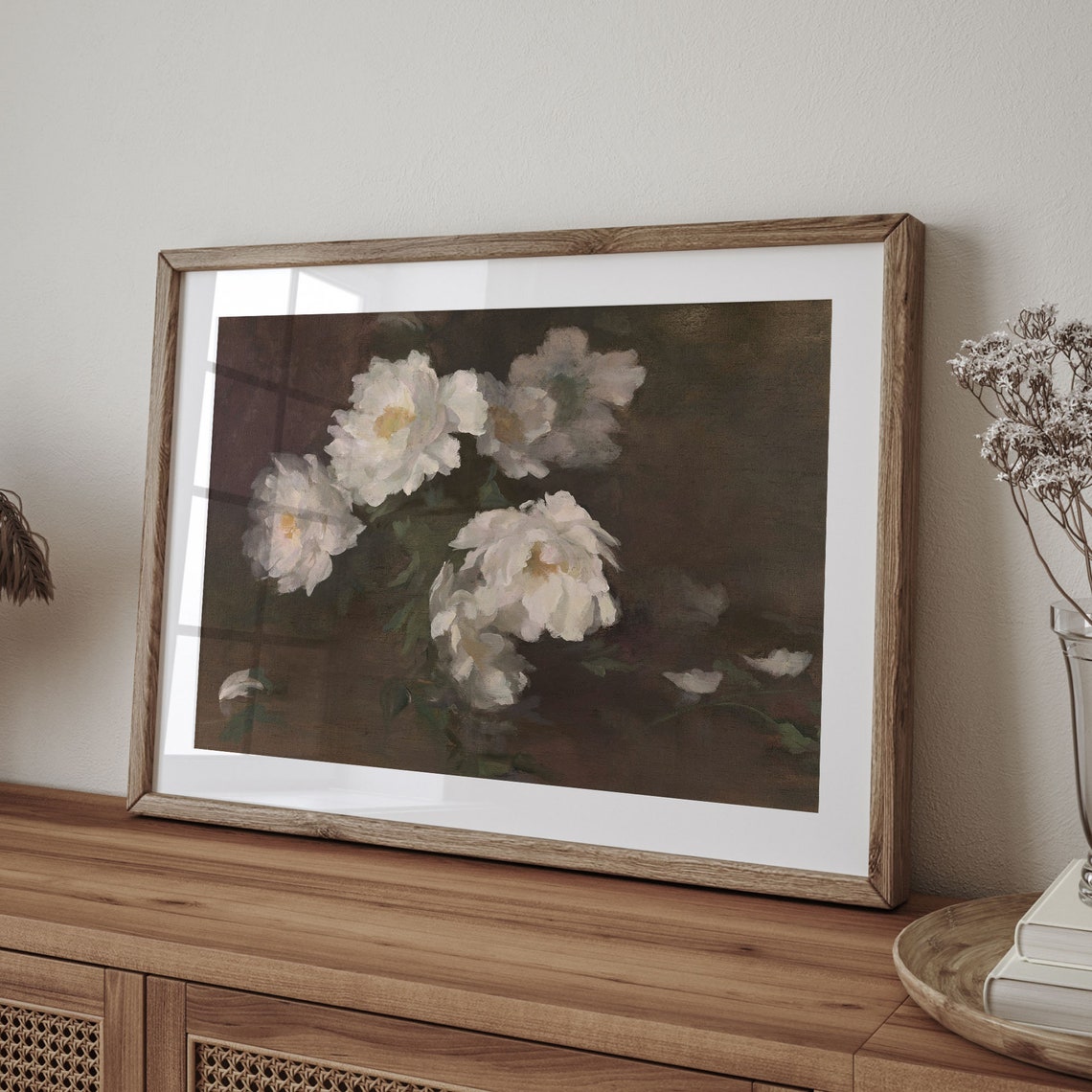 Vintage White Peonies Moody Dark Background Floral Art Poster - Image 4