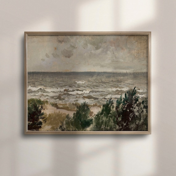 Vintage Coastal Oil Sketch Of Gray Sea Breakers And Beach Shrubs Print