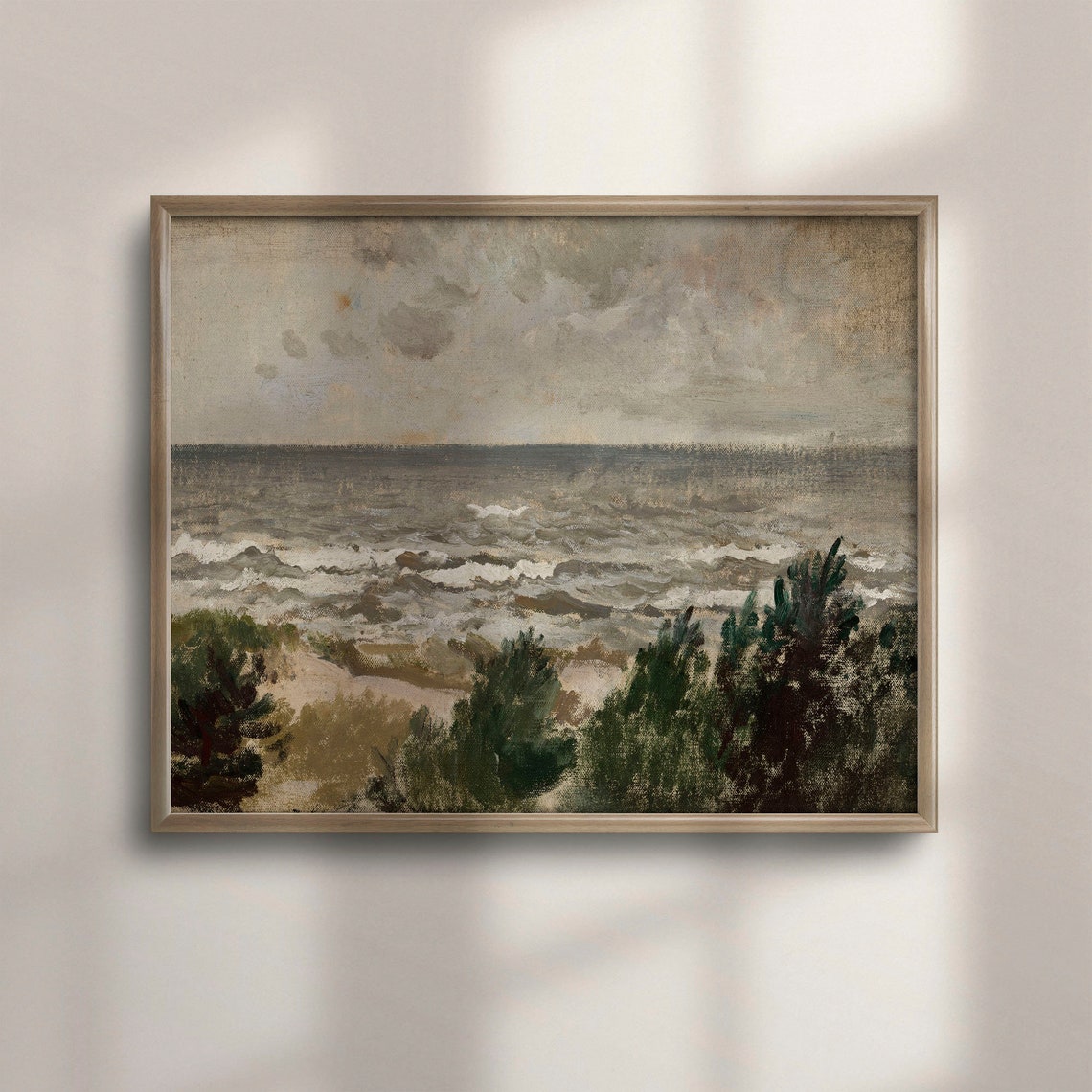 Vintage Coastal Oil Sketch Of Gray Sea Breakers And Beach Shrubs Print
