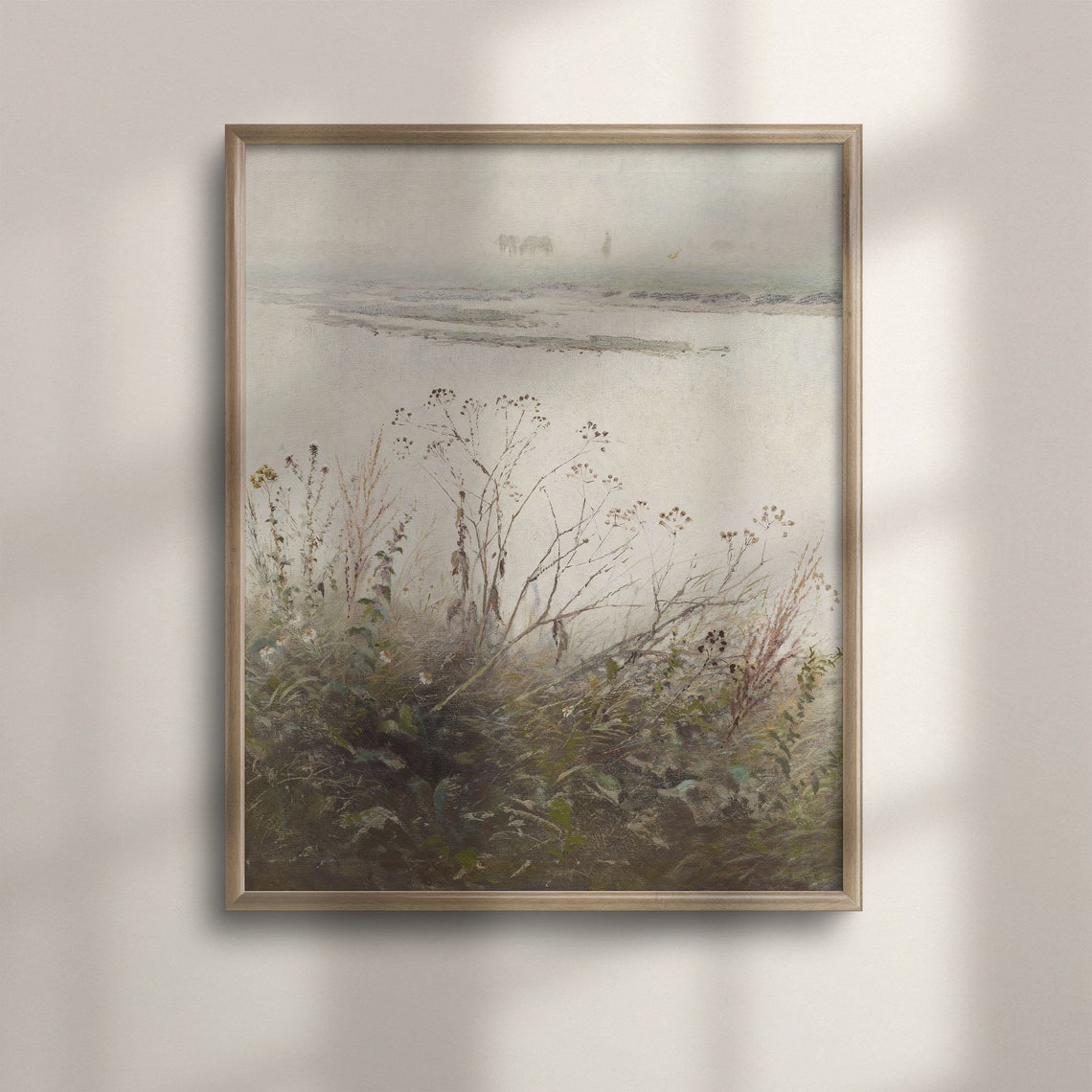 Antique Misty Lake Landscape with Wildflowers Pastel Wall Art