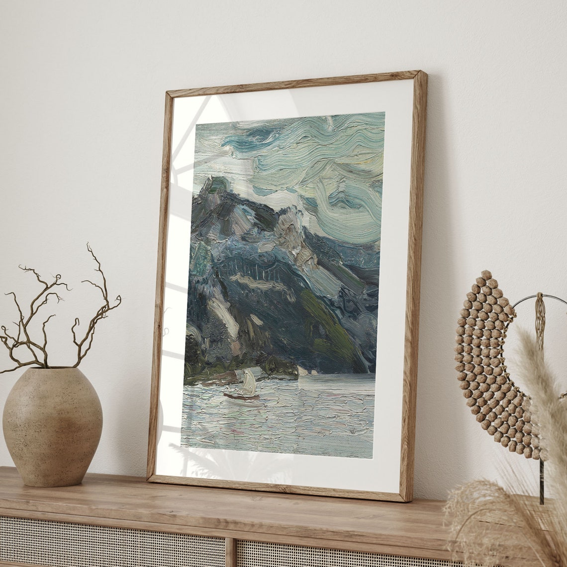 Expressive Impasto Sailboat On Lake Before Dark Mountain Art Poster - Image 4