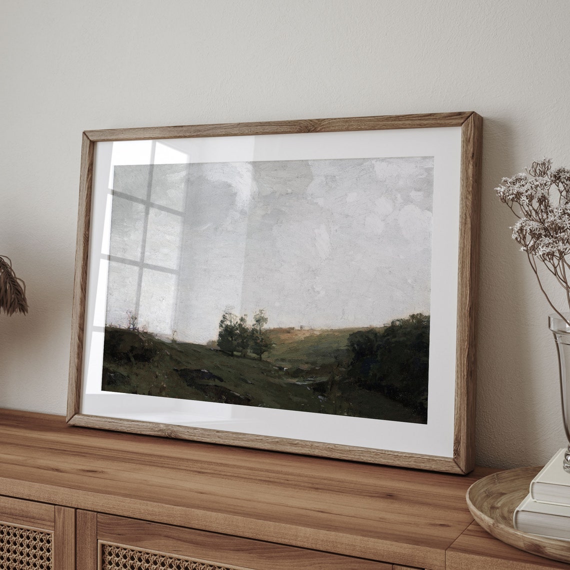 Vintage Misty Green Countryside Rolling Hills Path Art Poster - Image 4