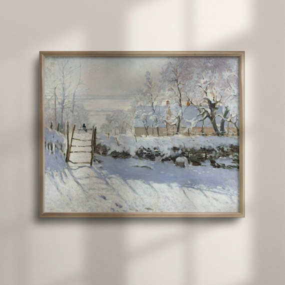 Impressionist Snowy Farmyard Gate Magpie Winter Vintage Painting Poster