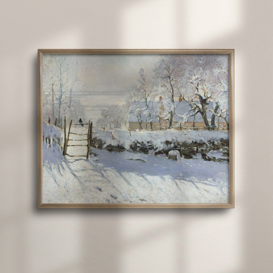Impressionist Snowy Farmyard Gate Magpie Winter Vintage Painting Poster