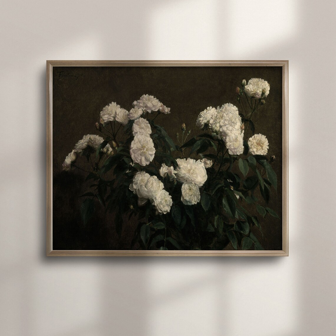 White Roses Bouquet Antique Oil Painting Dark Background Poster